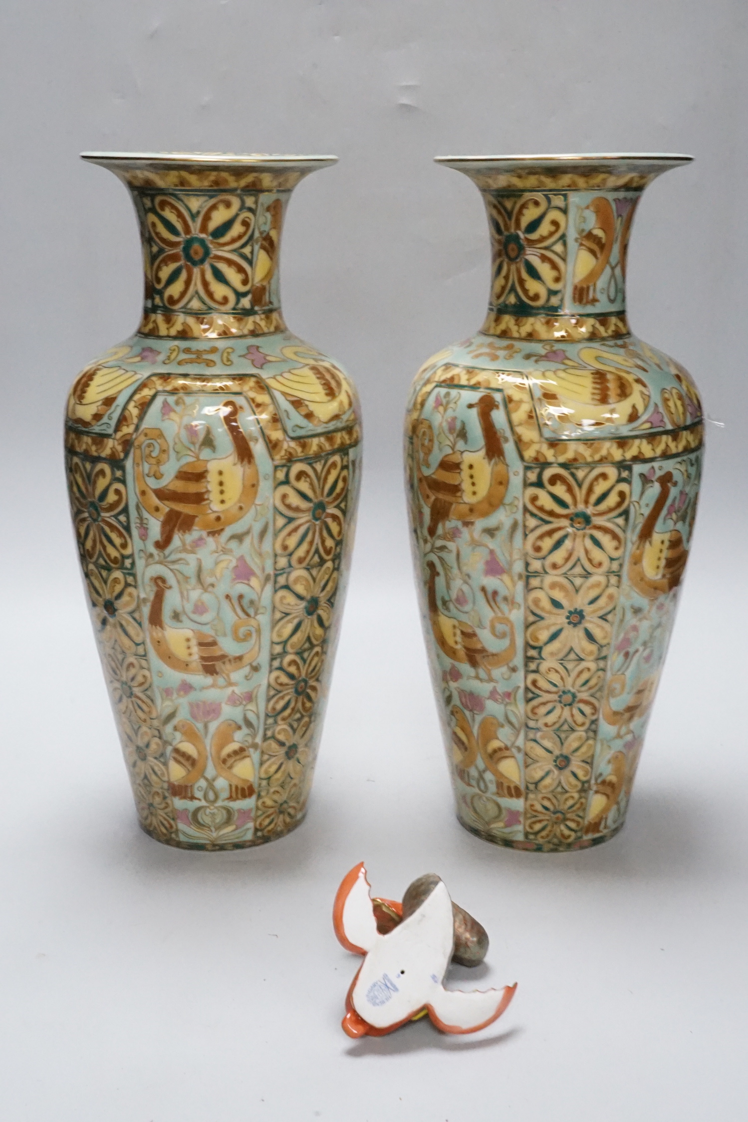 A pair of Zsolnay vases and a small Herend fish, vases 34cm high (3)